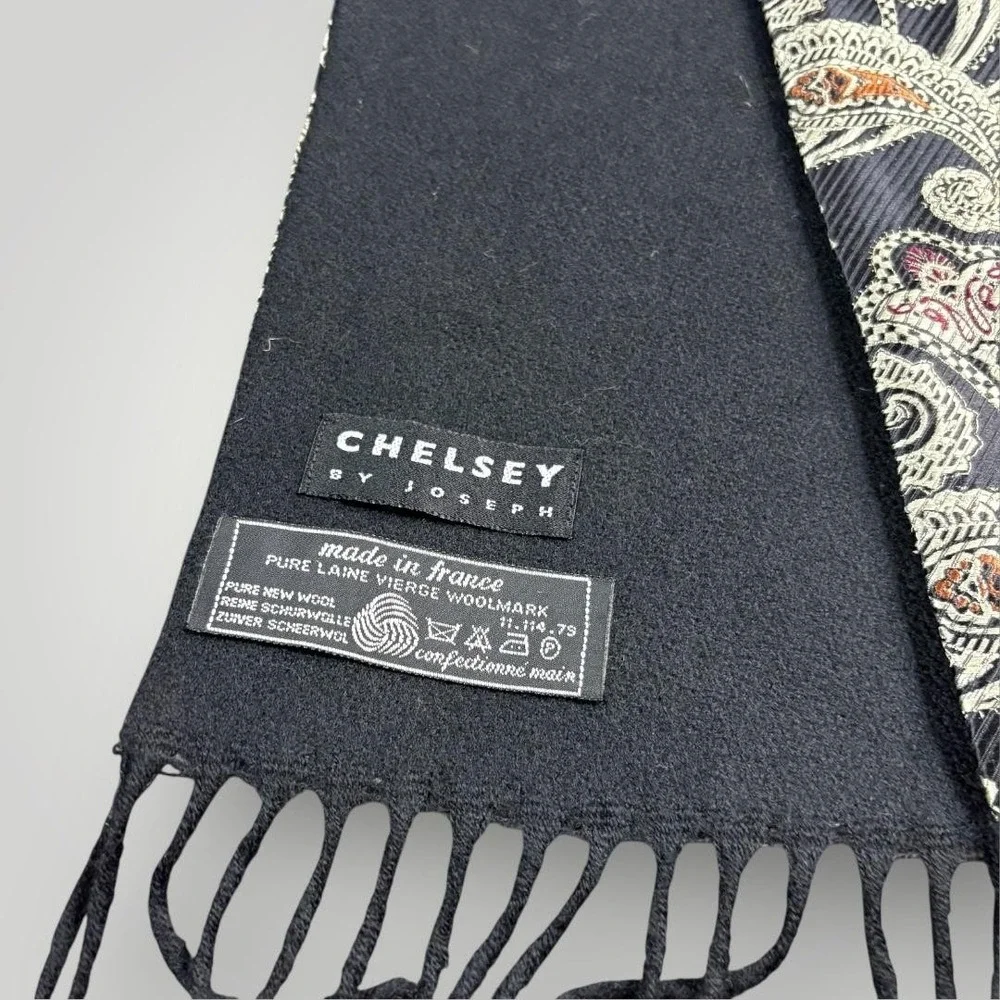 Chelsey By Joseph Scarf Mens‎ One Size Black Wool Paisley Fringe Winter France